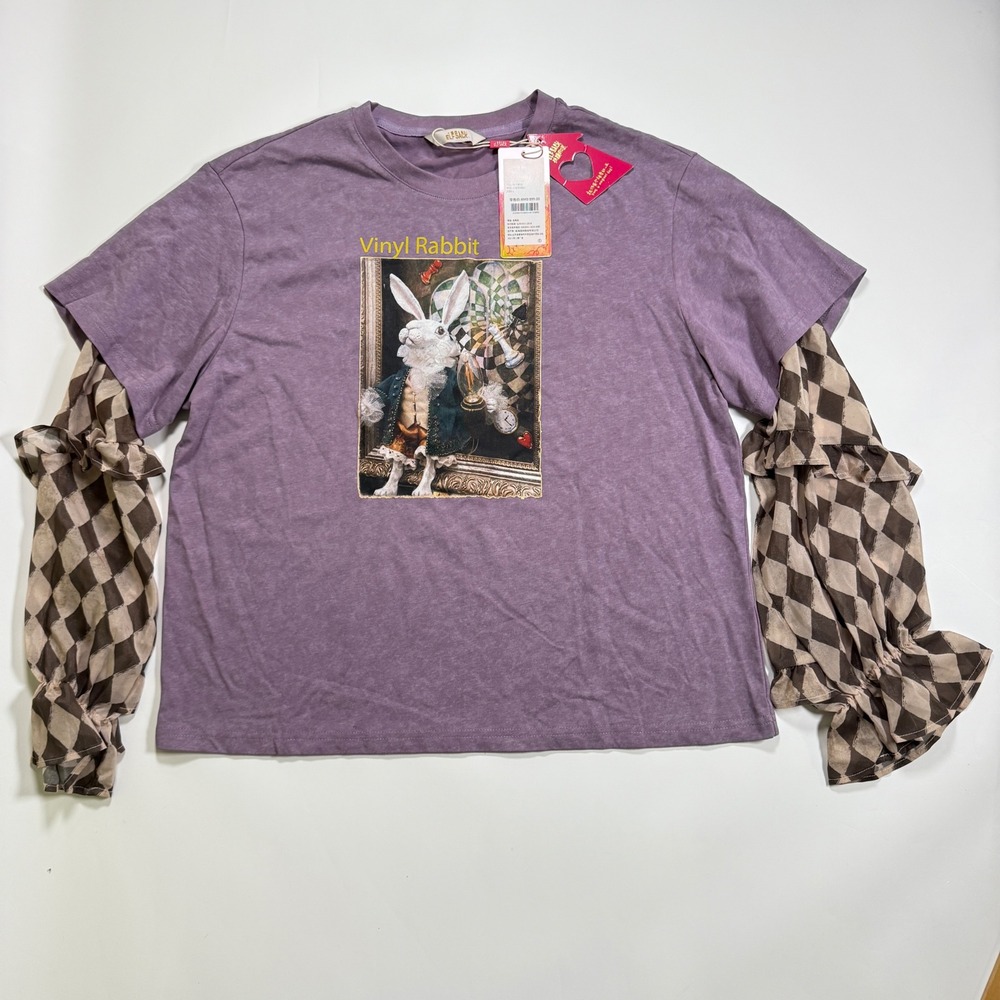ELF SACK layer Tee Large Purple NWT Vinyl Rabbit Harlequin Ruffle Sleeve Y2K